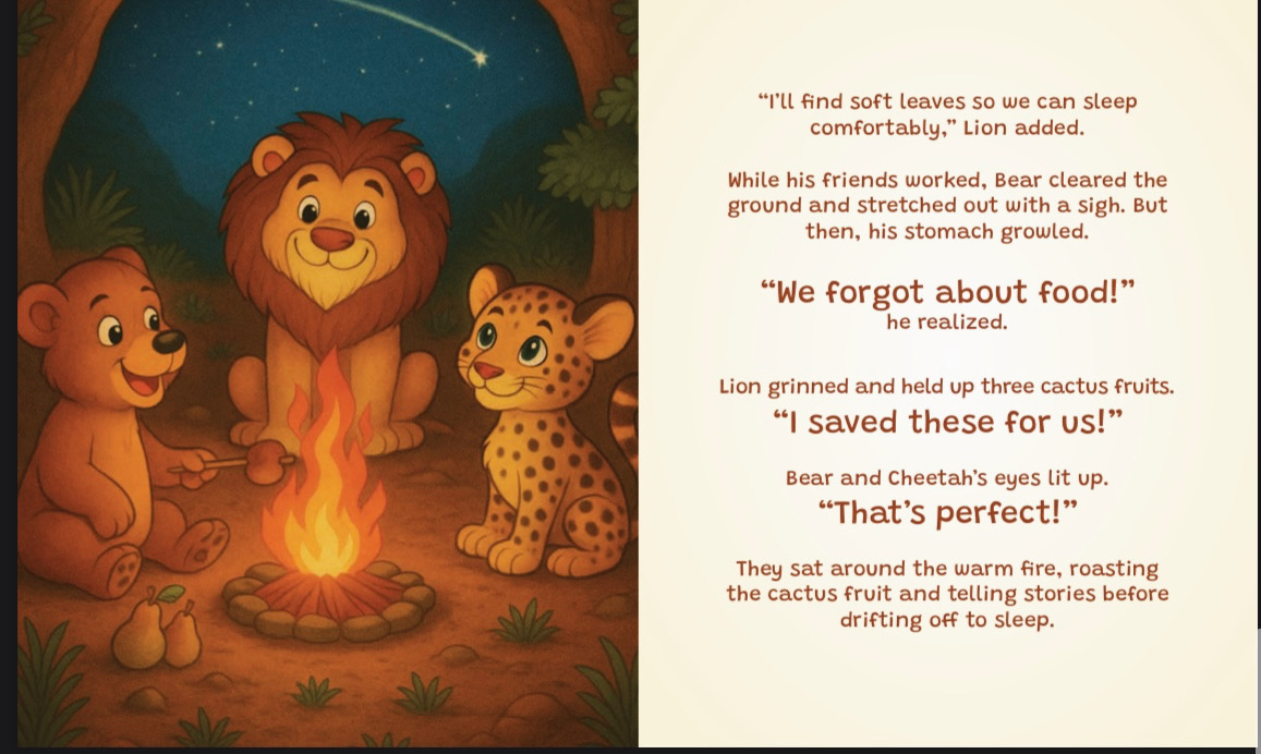 Bear, Cheetah, and Lion sitting around a campfire under a starry sky